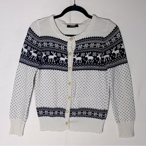 Maxmid Cream Navy Jacquard Moose Print Fair Isle Button Up Knit Cardigan S - Picture 11 of 11